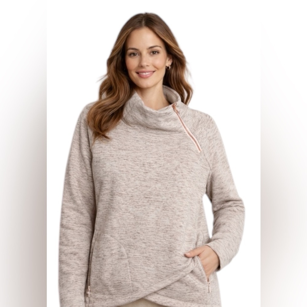 Athleta Cozy Pullover Sweatshirt Small Beige Cowl Neck Fleece Lined Athleisure